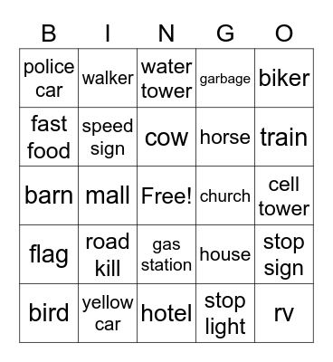 road trip Bingo Card