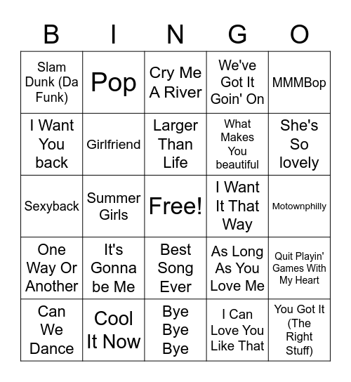 Boy Band Hits Bingo Card