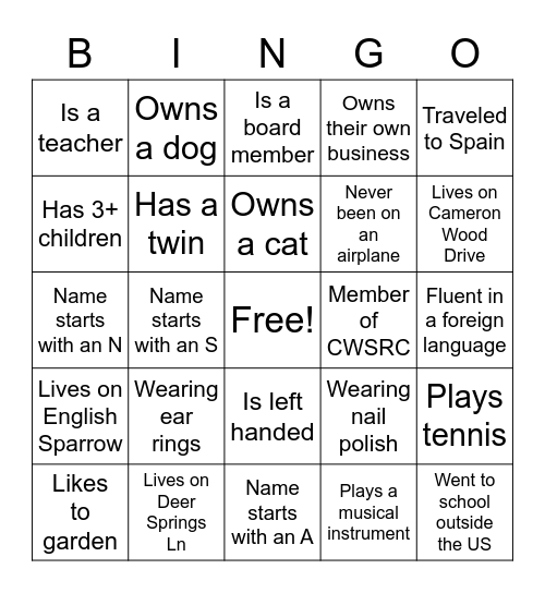 Get to know your neighbors! Bingo Card