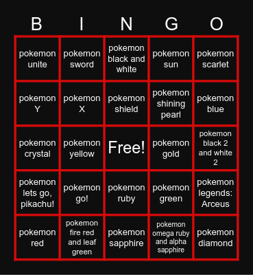 pokemon games Bingo Card