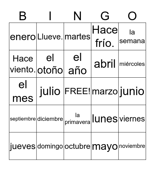 Weather & Dates (seasons, months, days of the week) Bingo Card