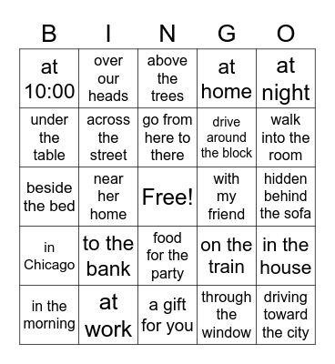 Prepositional phrases Bingo Card