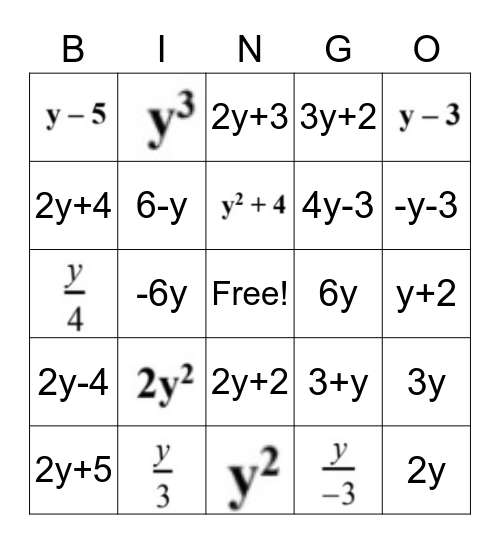 Algebraic Expressions Bingo Card