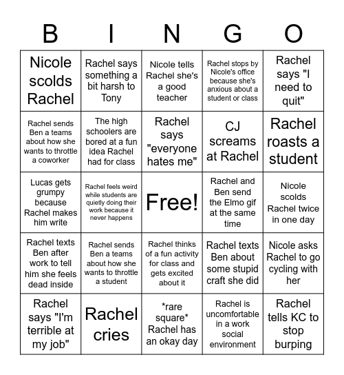 Rachel's Bingo Sheet Bingo Card