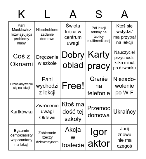 Bingo dnia w szkole Bingo Card