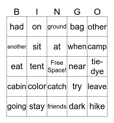 Sight Word Bingo Card