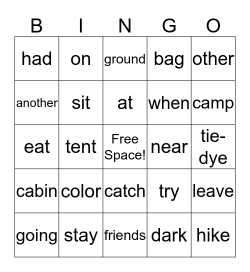 Sight Word Bingo Card