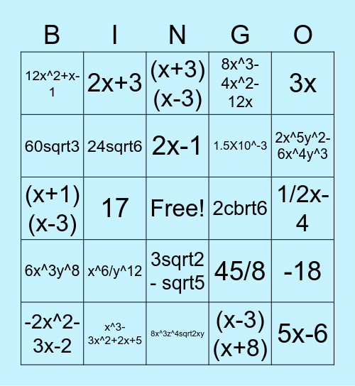 Algebra 1 SOL Review Day 1 Bingo Card