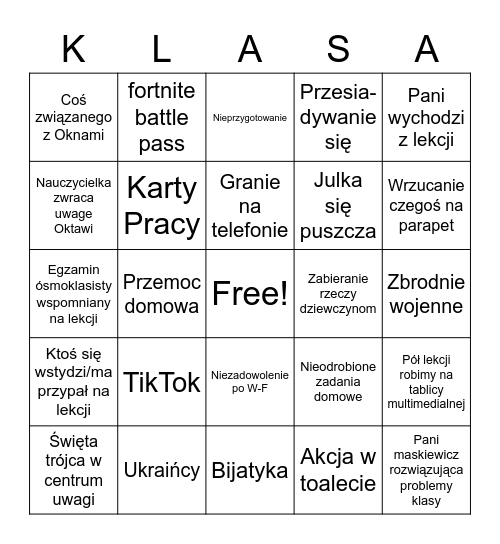 Bingo dnia w szkole Bingo Card