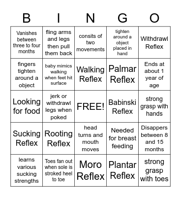 Newborn Reflexes Bingo Card