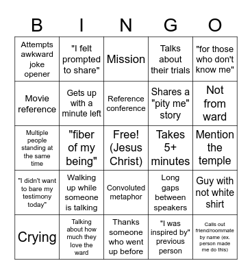 Fast and Testimony Meeting Bingo Card