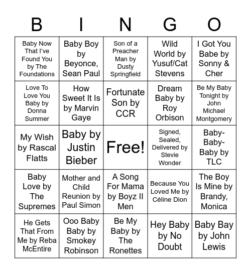 Baby Brooks Song Bingo! Bingo Card