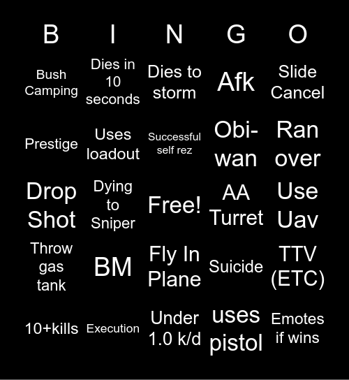 Warzone Bingo Card