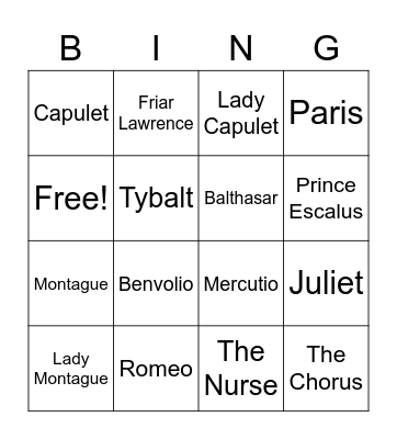 Romeo and Juliet Characters Bingo Card