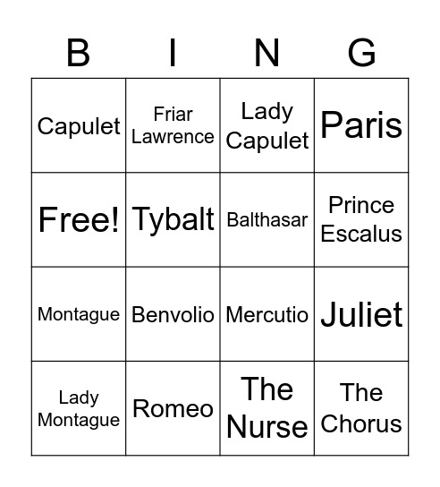 Romeo and Juliet Characters Bingo Card