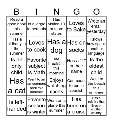 Welcome Back Scavenger Hunt Bingo Card