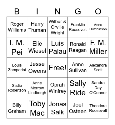 American Heroes Bingo Card