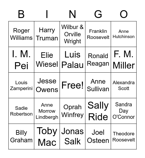 American Heroes Bingo Card