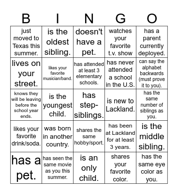Getting to Know You! Find someone who... Bingo Card