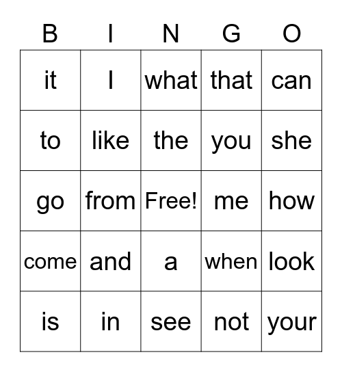 Sight Word Bingo Card