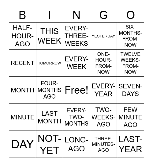 ASL Time and Time Frames Bingo Card