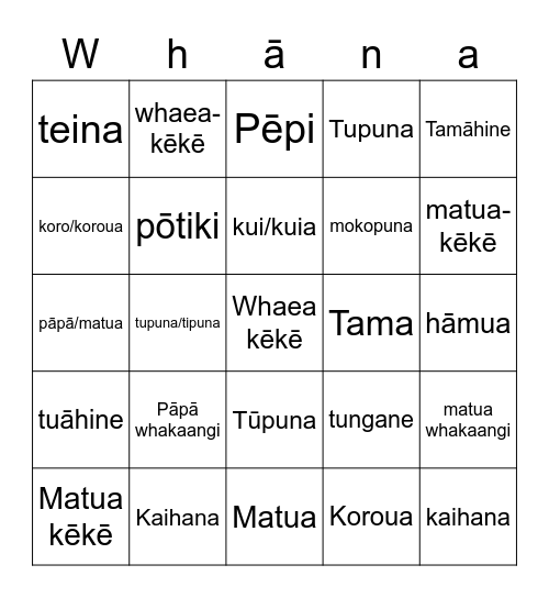 Whānau Bingo Card