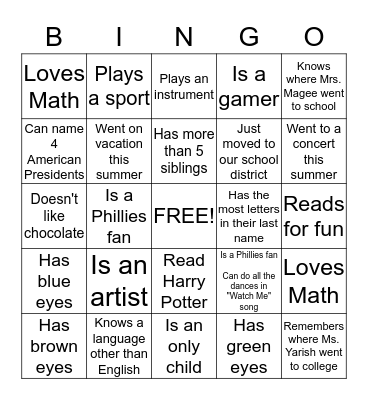 Getting to Know Our Classmates Bingo Card