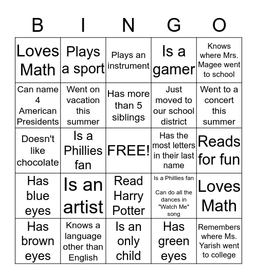 Getting to Know Our Classmates Bingo Card