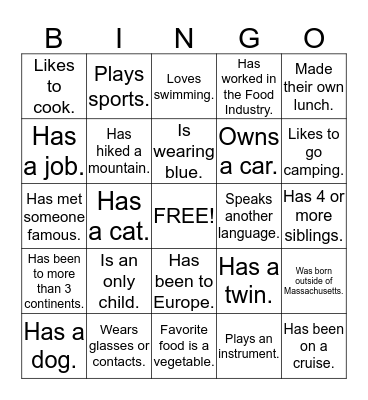 Getting To Know You Bingo Card