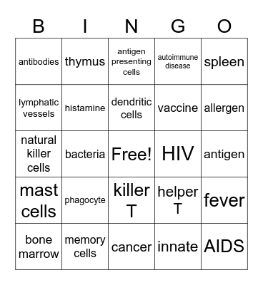 Immune System Review Bingo Card