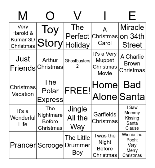 Holiday Movie Bingo Card