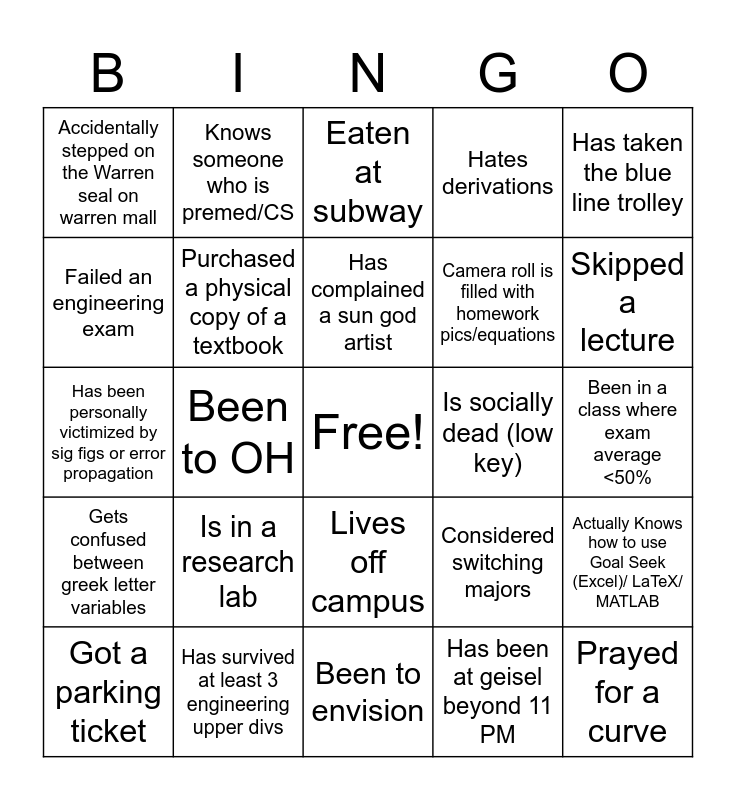 Engineering Org Mixer BINGO Card