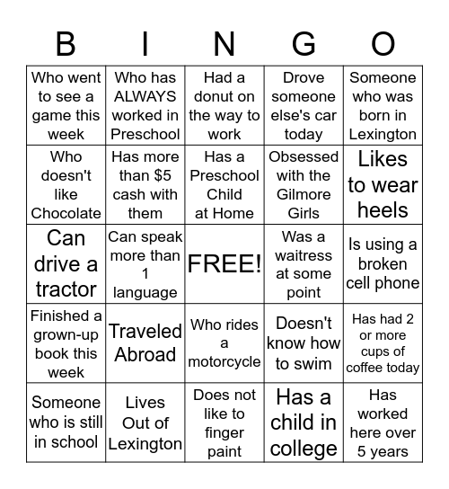 Co-Worker Bingo Card