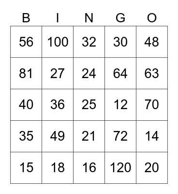 Multiplication Bingo Card