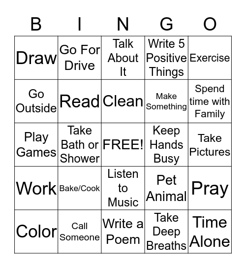 Coping Skills Bingo Card