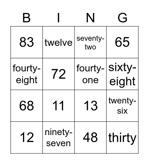 Numbers Bingo Card