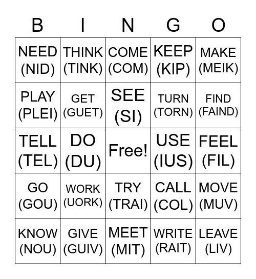 VERBS IN ENGLISH Bingo Card