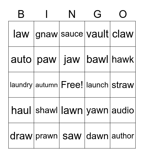 aw/au words Bingo Card