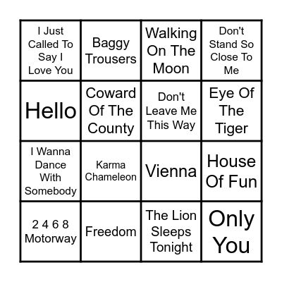 Back 2 The 80s Bingo Card
