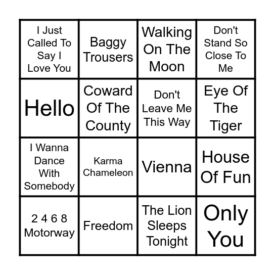 Back 2 The 80s Bingo Card