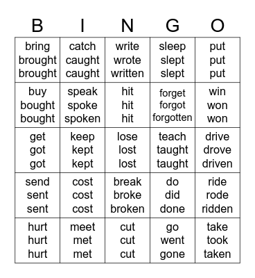 irregular verbs Bingo Card