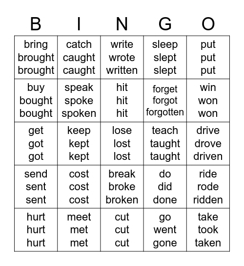 irregular verbs Bingo Card