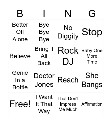 Maddi's Hens Musical Bingo - 90s Bingo Card