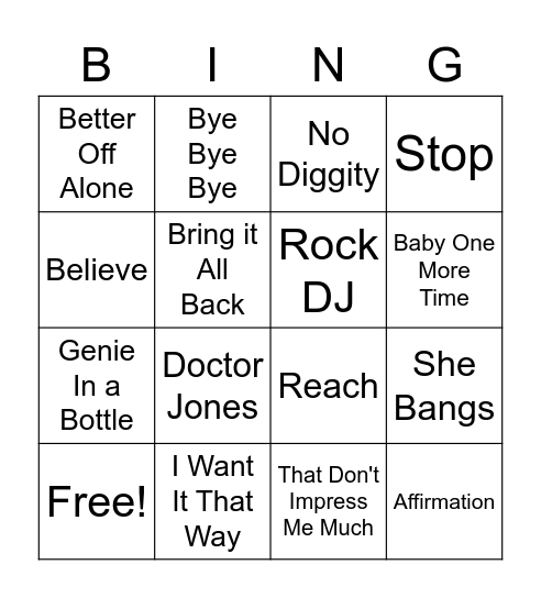 Maddi's Hens Musical Bingo - 90s Bingo Card