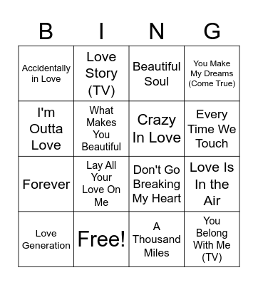 Maddi's Hens Musical Bingo - Love Songs Bingo Card