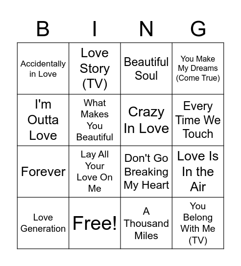 Maddi's Hens Musical Bingo - Love Songs Bingo Card