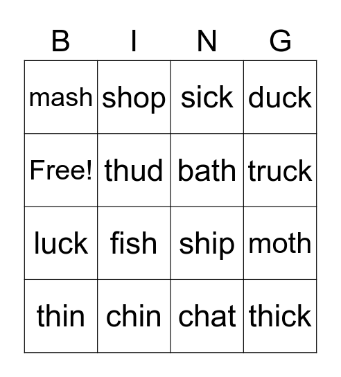 Digraphs Bingo Card