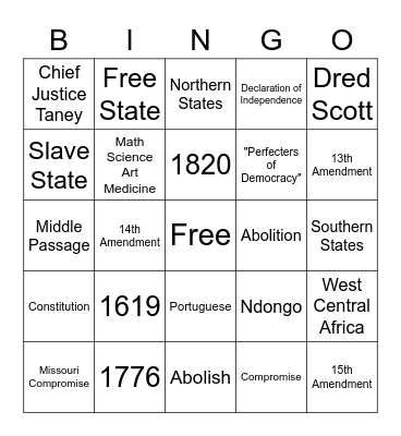 1619 to Dred Scott v Sandford Bingo Card