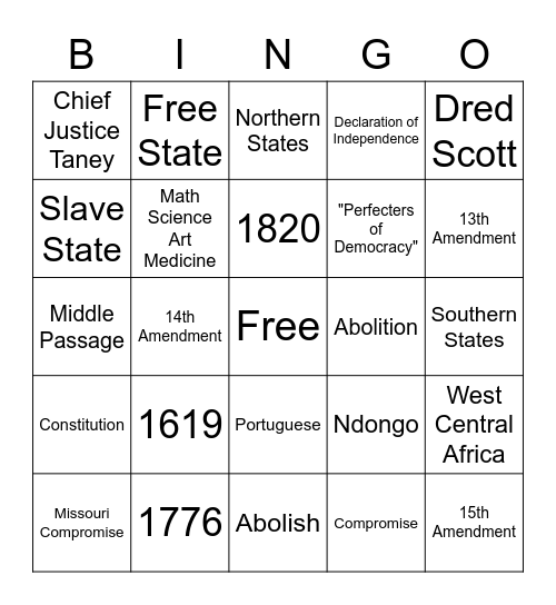 1619 to Dred Scott v Sandford Bingo Card