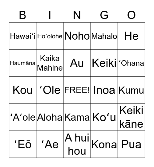 Nā Huaʻōlelo Hawaiʻi ʻIke Pinepine ʻIa Bingo Card